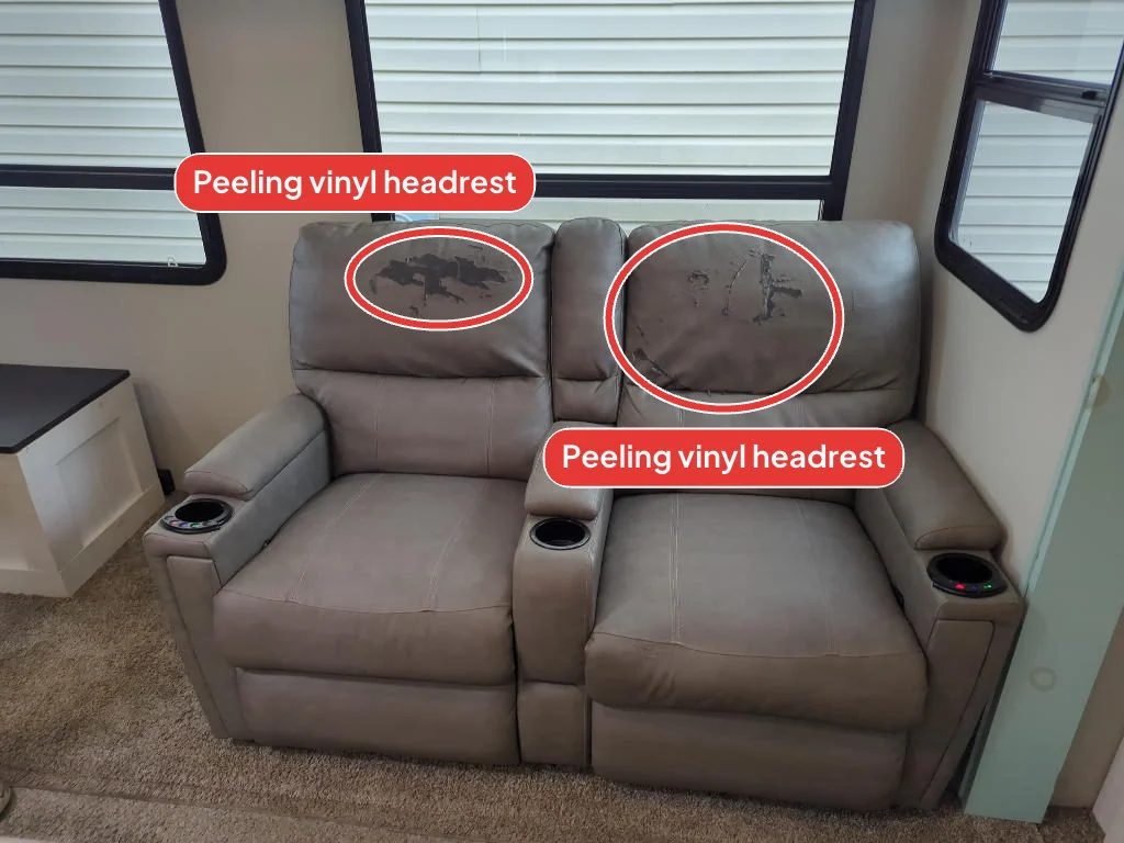 RV recliners with two red ellipses labeled Peeling vinyl headrest, added by WanderWise from the inspector's note