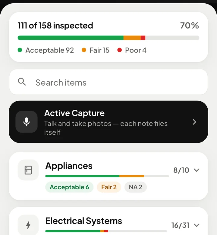 WanderWise inspection checklist with inspection progress and the Active Capture button for voice and photo capture