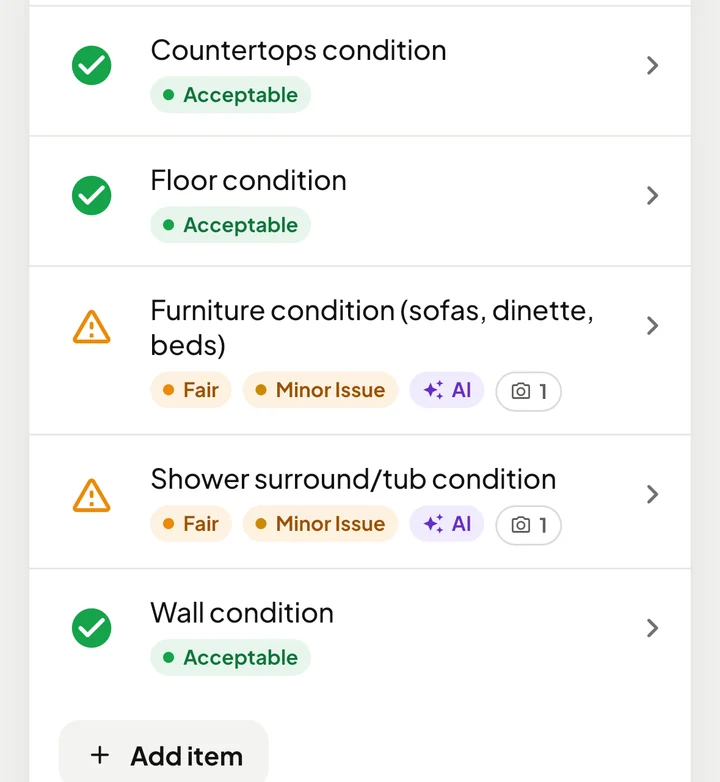 WanderWise checklist where the furniture and shower items show Fair, Minor Issue, and AI tags set from the inspector's notes