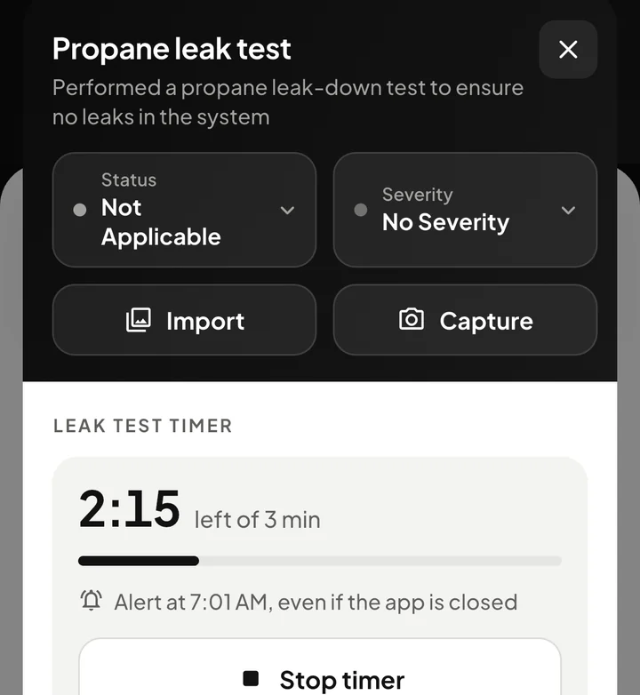 WanderWise propane leak test with a running timer and the time the alert will sound