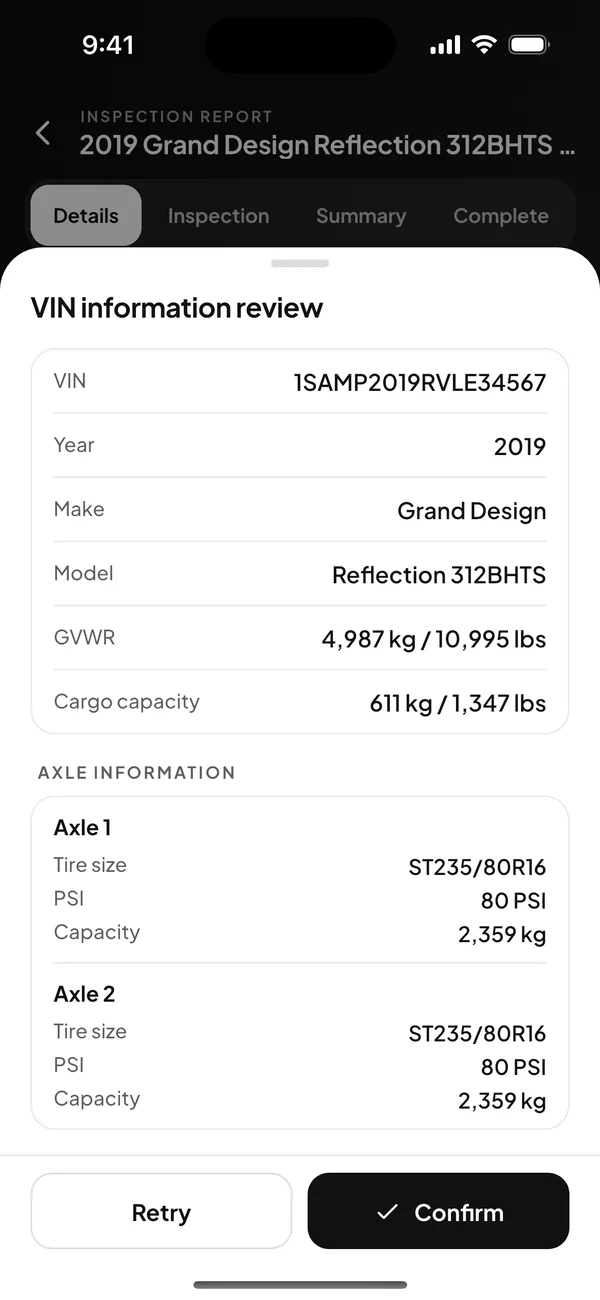 WanderWise mobile app reviewing VIN tag details read from the data plate: VIN, year, make, model, GVWR, cargo capacity, and axle information