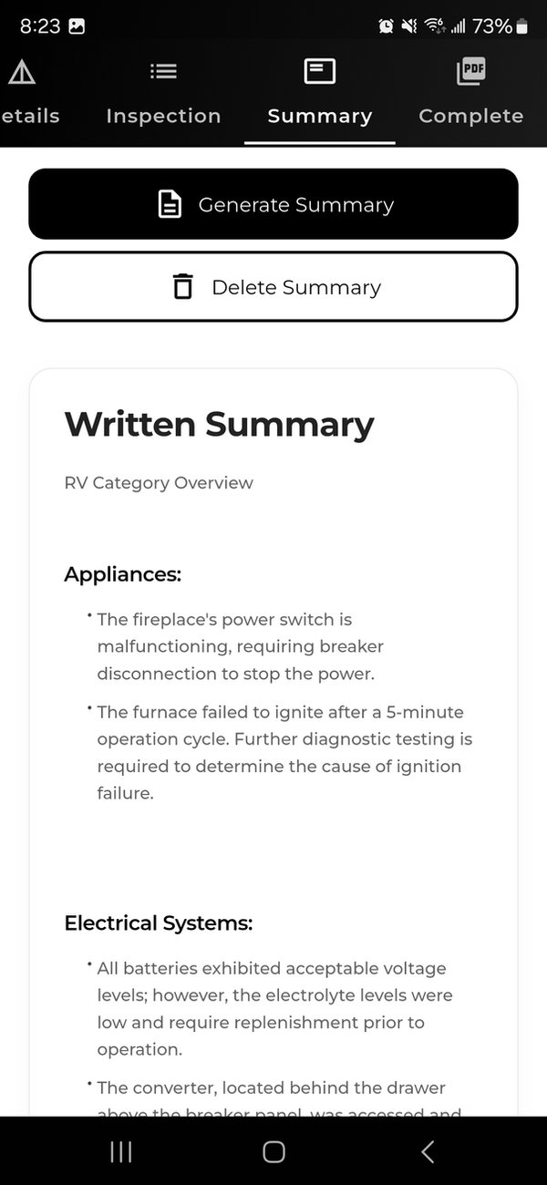 Automated Summary Generation - WanderWise RV inspection software feature