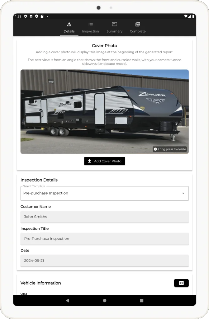 WanderWise RV inspection app showing an inspection details screen with a travel trailer cover photo