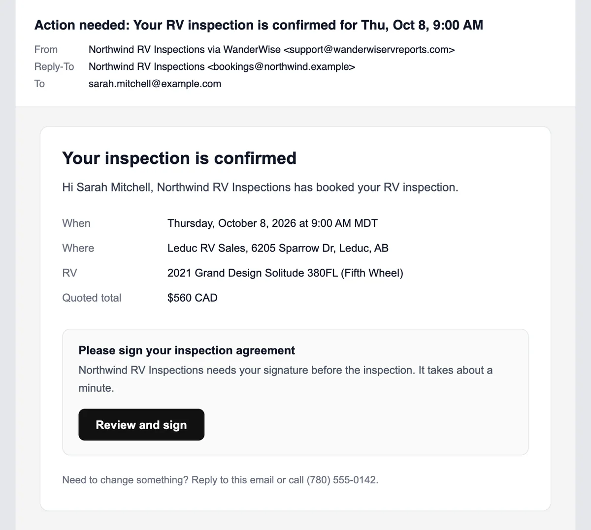 Booking confirmation email showing the RV inspection date, time, address, RV and quoted total, with a Review and sign button for the inspection agreement