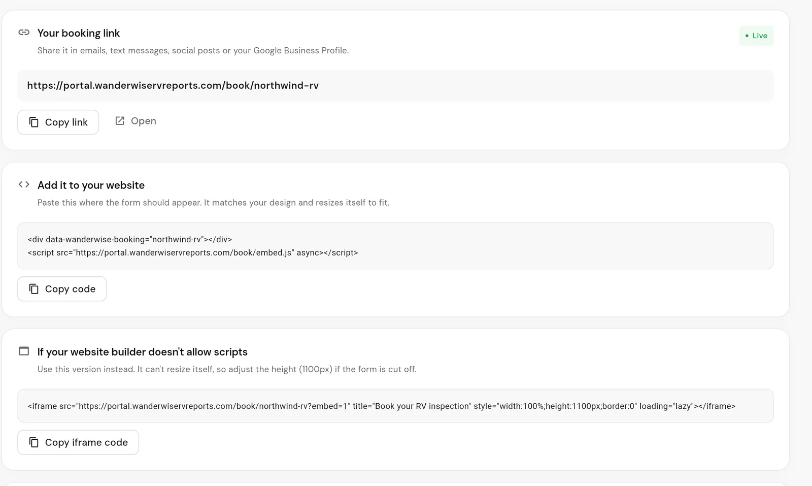 WanderWise Share tab with the booking link, a one-line website embed code and an iframe code for website builders