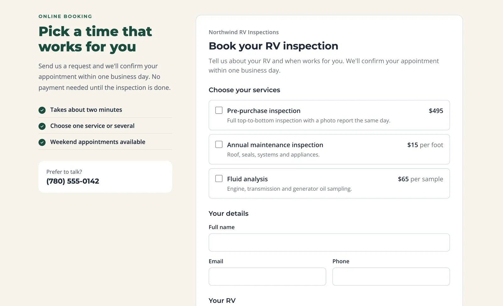 WanderWise online booking form embedded on an RV inspection company's website, showing services with prices and the customer's details