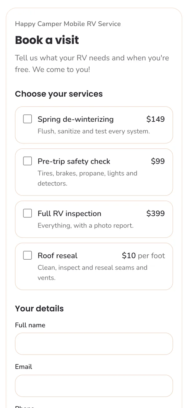 WanderWise booking form on a phone with rounded pink styling, listing RV services and prices