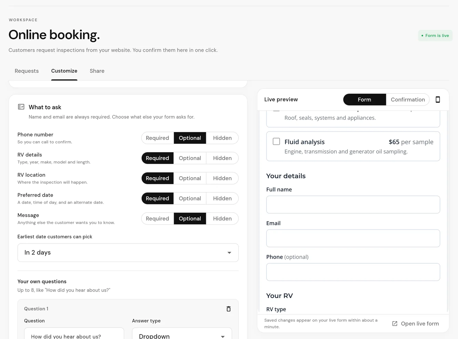 WanderWise portal booking form editor setting phone, RV details, RV location, preferred date and message to required, optional or hidden, with a minimum notice and a custom question, beside a live preview of the form