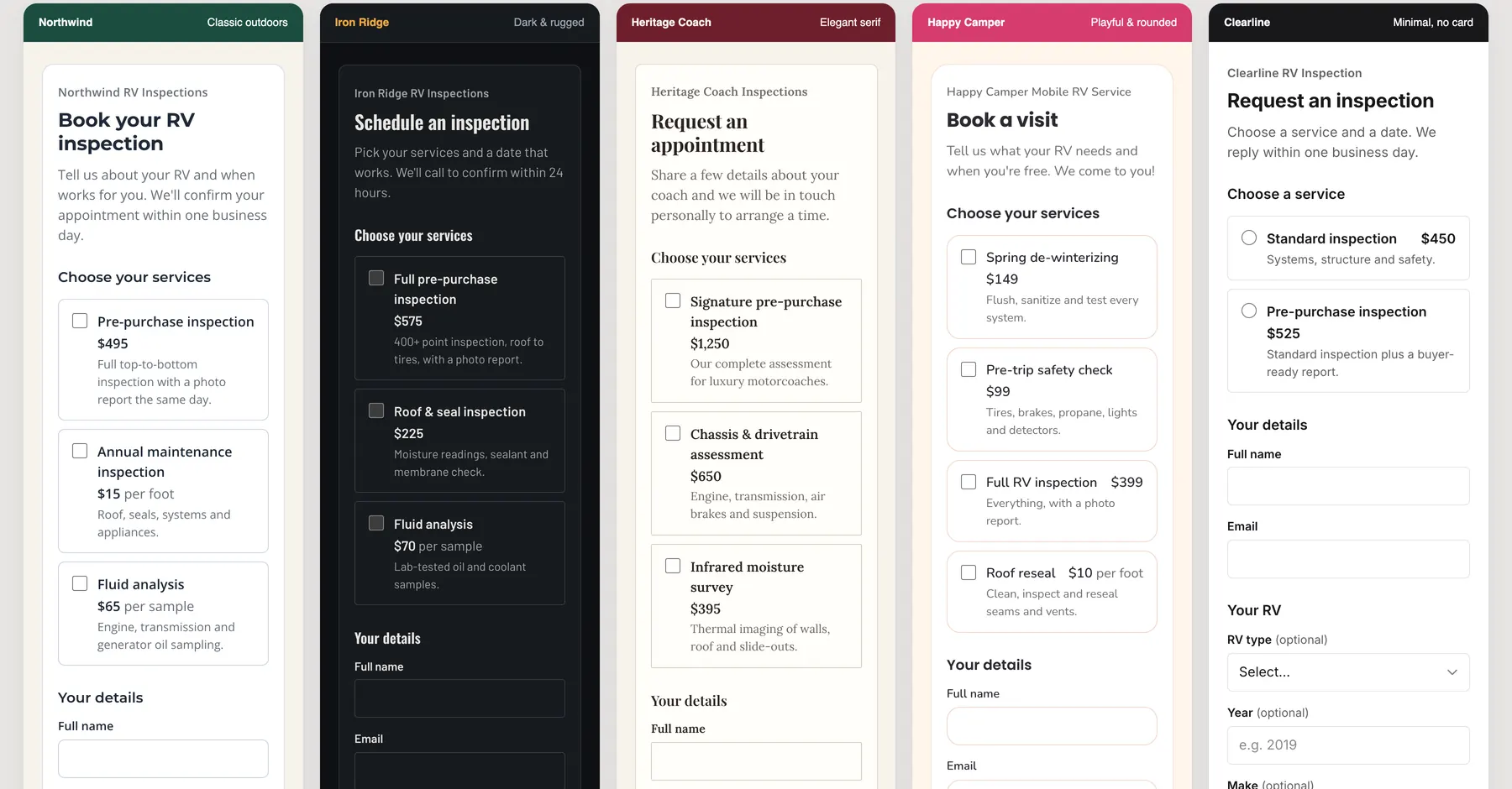 The same WanderWise booking form styled five ways: classic green, dark with amber buttons, elegant serif, playful rounded pink, and minimal black and white