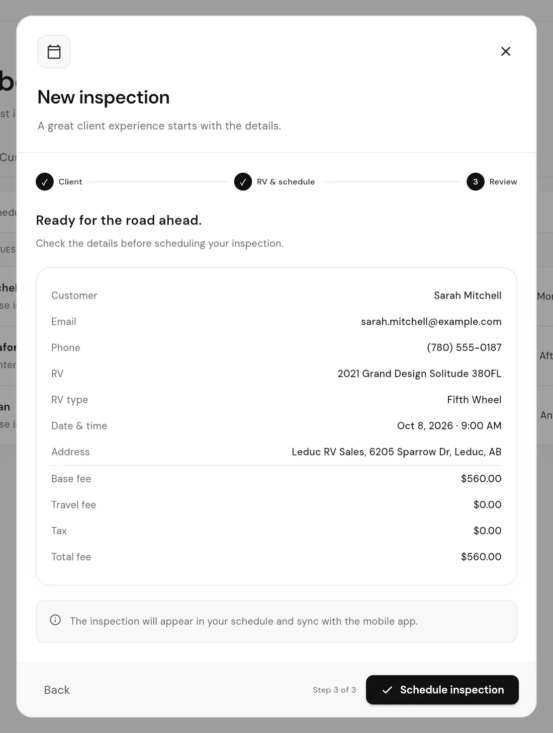 WanderWise New inspection review step prefilled from an online booking request with the customer, RV, date and time, address and fees
