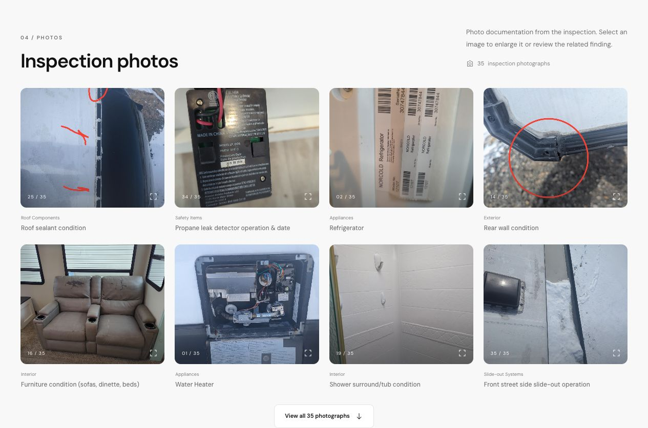 The actual sample report photo gallery showing annotated roof sealant, a propane detector, refrigerator identification, rear wall damage, furniture, a water heater, shower surround, and slide-out.