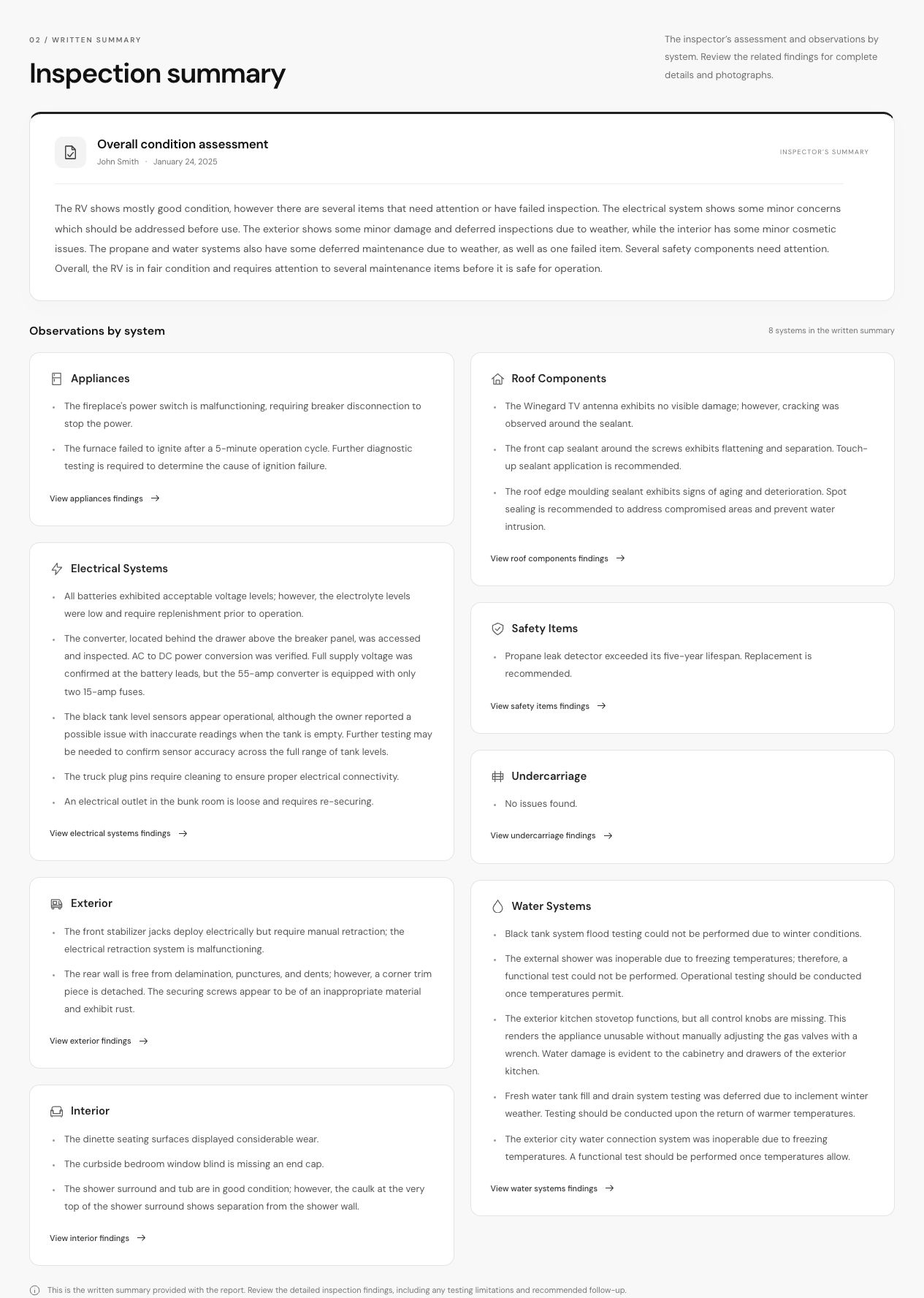 WanderWise report written summary with the overall condition assessment and eight system summaries, including appliances, electrical, exterior, interior, roof, safety, undercarriage, and water systems.